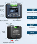Heavy Duty Digital Angle Finder And Smart Inclinometer With Rock Solid Magnetic Base and Bright Backlight Display Accurate To Point One Degree Flawless For Woodwork And Fab Jobs showing VA LCD and buttons.