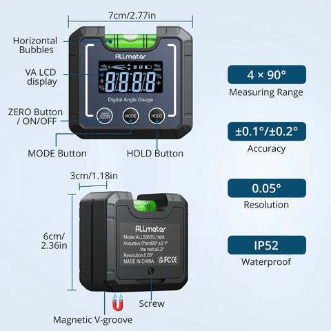 Heavy Duty Digital Angle Finder And Smart Inclinometer With Rock Solid Magnetic Base and Bright Backlight Display Accurate To Point One Degree Flawless For Woodwork And Fab Jobs showing VA LCD and buttons.