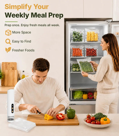 Handheld Food Vacuum Sealer Cordless Compact Sealer with 30 Reusable Bags in kitchen for easy meal prep with vegetables