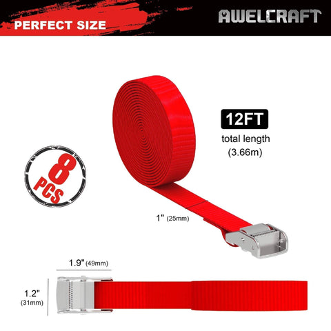 8 Pack 1 Inch By 12 Foot Lashing Tie Down Straps With Cam Buckle 600 Lbs Breaking Strength Carrying Bag Red For Moving