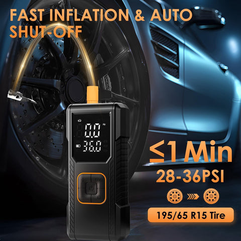 Cordless Tire Inflator Air Compressor With Digital Pressure Gauge Ultra Fast 150 PSI Portable Pump for quick car tire inflation.