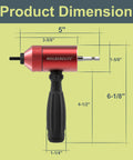 Red Rivet Nut Drill Adapter Kit With Dual Drive Modes showing dimensions; 5 inches wide, 6-1/8 inches tall with black handle