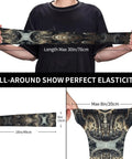 Premium Unisex Ice Silk Sun Protection Arm Sleeves shown stretched for elasticity, measuring 30in length and 19in width.