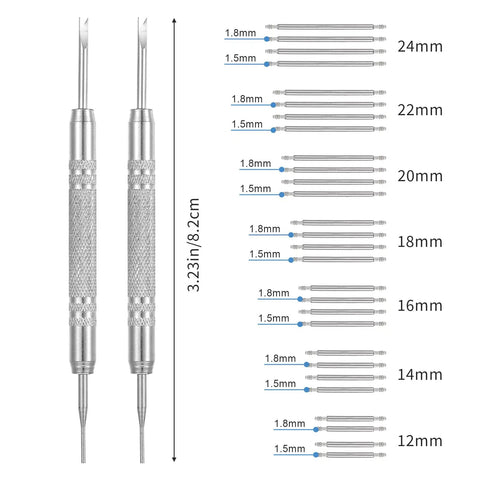 30 Piece Watch Band Pins Replacement Kit With Heavy Duty Stainless Steel Double Ended Pin Springs For Bracelet Repair Diameter 1.5-1.8mm with pin sizes and screwdrivers