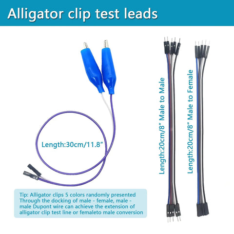 Alligator clip test leads, 30cm long, with male-to-male and male-to-female DuPont cables, labeled lengths, suitable for DIY projects