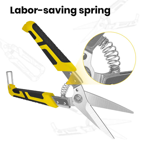 8.7 Inch Tin Snips Heavy Duty Metal Cutter With Stainless Steel Blades featuring labor-saving spring and ergonomic grip in yellow.