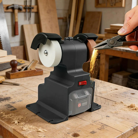 Rock Steady Mini Bench Grinder With 200 Watt Motor And 7000 RPM Spin showing tool sharpening action on workbench.
