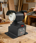 Cordless Mini Bench Grinder And Polisher Packing 200 Watt Motor And 7000 RPM With Dual Rechargeable Batteries on workbench, polishing metal.
