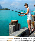 People fishing on a dock with a scenic ocean view, featuring Fly Tying Bobbin Set With Stainless Steel Threader And Ergonomic Handle.