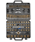 Open case showing Beefy Titanium Coated Steel Tap And Die Set, 86 Piece Metric And SAE Kit For M3 To M12 And Four To Five Eighths Inch Threads