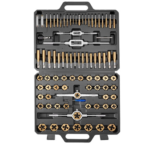 Open case showing Beefy Titanium Coated Steel Tap And Die Set, 86 Piece Metric And SAE Kit For M3 To M12 And Four To Five Eighths Inch Threads