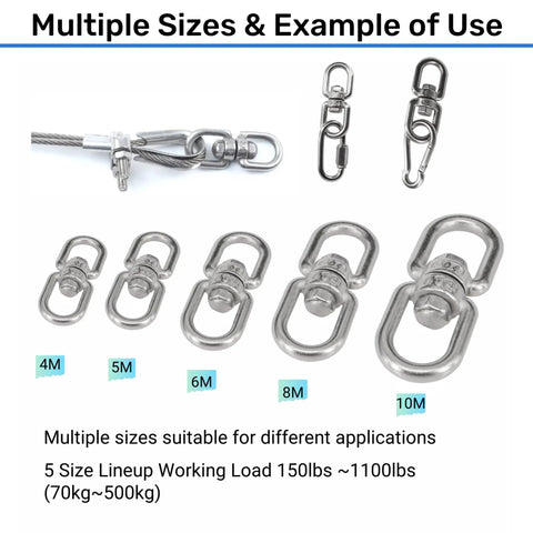 Two Pack M6 Swivel Ring Double Ended Eye Hook With Quick Link For Hanging Chairs in various sizes with load capacity