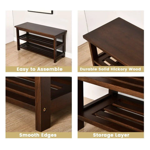 Sturdy Hickory Wood Shoe Bench With Massive Storage For Entryway And Mudroom Indoor Outdoor Ready Front Door Organizer USA Grown Hardwood Dark Walnut Finish Solid Top And Bottom Shelves - angled view showing smooth edges and storage layer.