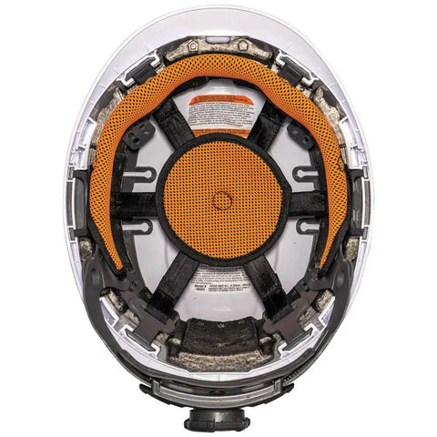 Interior view of Low-Profile Vented Safety Helmet With Rechargeable Headlamp Class C Type-2 ANSI Z89.1 approved for at-height and confined space work.