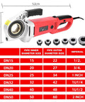 Heavy Duty Electric Pipe Threader Kit Featuring Six Precision Dies Spanning Half To Two Inches with size chart and dimensions