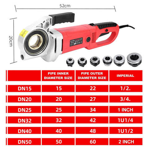Top Shelf Electric Pipe Threader Workhorse 2300W Heavy Duty Cut And Thread Kit With Forward Reverse Switch image showing dimensions and pipe sizes.
