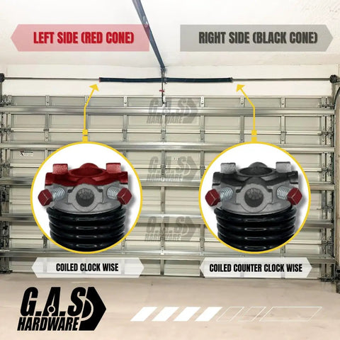 Diagram showing Left Hand Wound Garage Door Torsion Spring 225x2x27 with red and black cones installed on a garage door system.