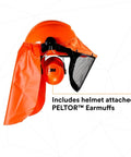 Lumberjack Hard Hat System With UV Indicator, Vent Mesh Visor, Rain Shield, 4 Point Ratchet Suspension, Ear Muffs, Debris Sealer
