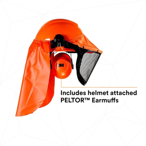 Lumberjack Hard Hat System With UV Indicator, Vent Mesh Visor, Rain Shield, 4 Point Ratchet Suspension, Ear Muffs, Debris Sealer