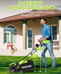 Man using 2-In-1 Dethatcher And Scarifier For Lawns, 16-Inch Electric Walk-Behind, 15 Amp Copper Motor, Five-Position Depth
