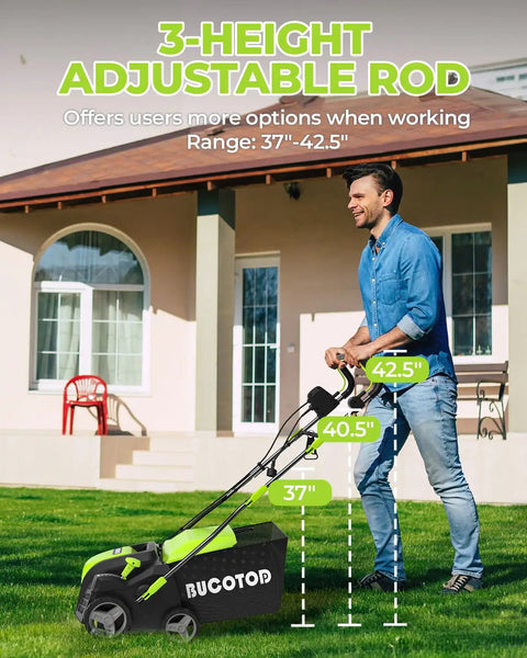 Man using 2-In-1 Dethatcher And Scarifier For Lawns, 16-Inch Electric Walk-Behind, 15 Amp Copper Motor, Five-Position Depth