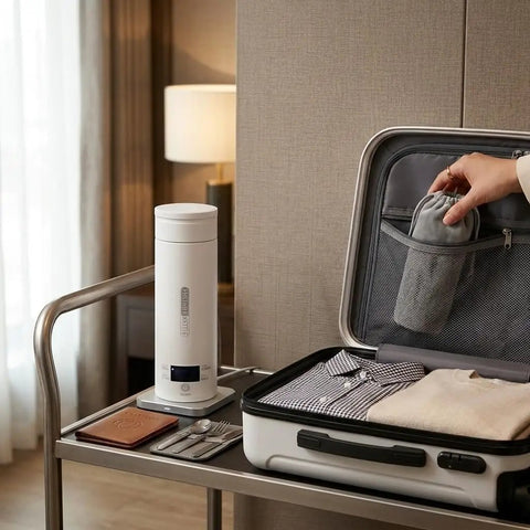Premium No Sweat 500 Ml Portable Electric Kettle With Smart Temp Control displayed on a table next to a packed suitcase.