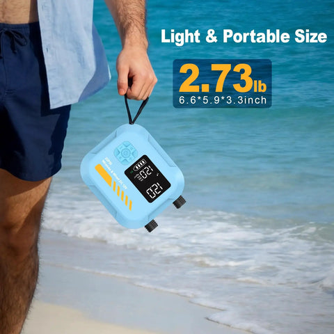 Person holding Rechargeable Electric Paddle Board Pump With Auto Off Portable Sup Inflator, lightweight size at beach.
