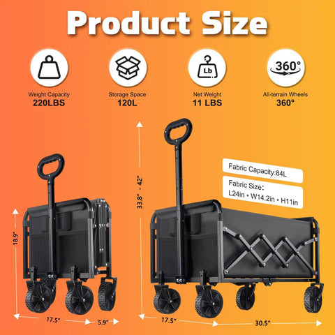 Heavy Duty Workhorse Foldable Wagon Cart With All Terrain Wheels 220 Lb Capacity Portable Lightweight Utility Cart Collapsible 2 Cup Holders