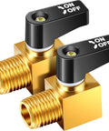Front-angle view of two brass air compressor drain valves with black ON/OFF levers and 1/4 in NPT fittings.