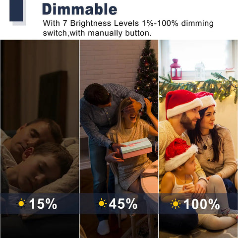 2 Pack Dimmer Light Switch Featuring Single Pole And Three Way Circuits Smooth Sailing Flicker Control Real Deal Sturdiness Includes Pure White Faceplate Straight Forward Hook Up With Zero Sweat Neutral Wire Setup Perfect For Homes displayed in 15%, 45%, and 100% brightness levels with family settings.