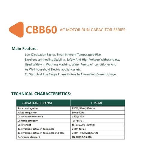CBB60 motor run capacitor features and technical specs for 90mm By 42mm Heavy Duty Go To Motor Run Capacitor 40uF Plus Minus 5 Percent For 110 125 250VAC 50 60Hz Built To Last For Air Compressors Pumps Washing Machines And More CBB60 Type
