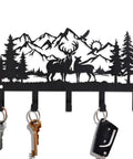 Deer Mountain Metal Key Holder Wall Mount For Rustic Cabin Decor Key Rack with hooks, featuring deer and mountain cutout design.