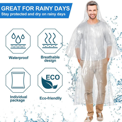 Model wearing 100 Pack Hooded Adult Rain Ponchos Disposable Bulk Plastic Rain Gear For Men And Women White Emergency Raincoats