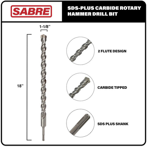 SDS Plus Carbide Tipped Rotary Hammer Drill Bit 1-1/8 In Diameter By 18 In Length for brick, stone, concrete with 2-flute design.