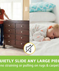 Woman moving dresser with 12 Pack Heavy Duty Furniture Sliders for Carpet Hardwood Tile Large 4.7 Inch Movers Pads Protectors.