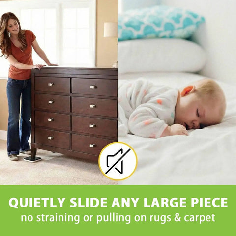 Woman moving dresser with 12 Pack Heavy Duty Furniture Sliders for Carpet Hardwood Tile Large 4.7 Inch Movers Pads Protectors.
