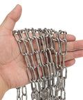 Hand holding Heavy Duty 1/8 Inch By 49 Feet Stainless Steel Coil Chain With Galvanized Polished Finish For Hanging Plants Trailers Clothes Drying And Outdoor Use Strong Load Bearing Metal Link Chain For Everyday DIY Tasks