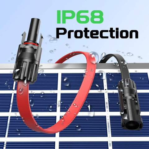 Image of 10 Foot 12 AWG Solar Panel Extension Cable With Waterproof Male And Female Connectors For RVs PV Flat Wire 4mm2 High Conductivity Low Power Loss Flexible Flat Design Heavy Duty Solar Cable showcasing IP68 protection and outdoor use.