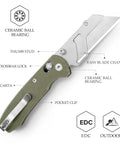 Folding Utility Knife With 2.62 Inch Razor Blade, 5 Extra Replacement Blades, EDC Camping Knife With Pocket Clip, Green Micarta Handle
