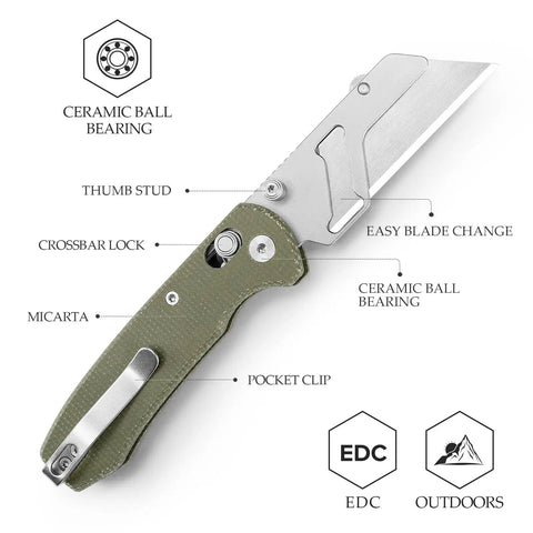 Folding Utility Knife With 2.62 Inch Razor Blade, 5 Extra Replacement Blades, EDC Camping Knife With Pocket Clip, Green Micarta Handle
