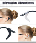 Anti Slip Eyeglass Ear Grips Set, 20 Pairs Silicone Temple Tips For Glasses And Sunglasses shown in black and clear options on model