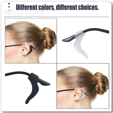 Anti Slip Eyeglass Ear Grips Set, 20 Pairs Silicone Temple Tips For Glasses And Sunglasses shown in black and clear options on model