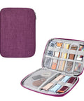 Travel Ready Watch Band Organizer Case with waterproof nylon zipper closure, purple, open view with pockets for bands, cables, and accessories.