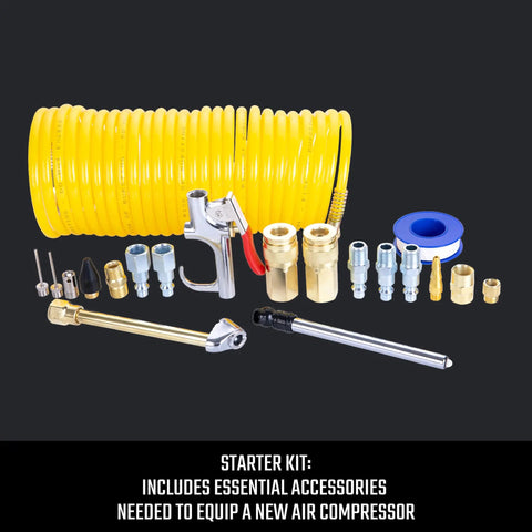 20 Piece Air Compressor Accessory Kit With Recoil Hose, Tire Inflator, Blow Gun, Brass Quick Connect Fittings And More visible