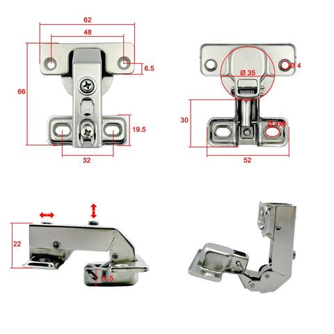 Solid Short Arm Inset Blind Corner Cabinet Hinges With Dead Silent Hydraulic Soft Close For Tight Nook Cupboards And Wardrobes 95 Degree Pivot Concealed 35mm Hardware Built To Last Pack Of Four detailed dimensions and angles.