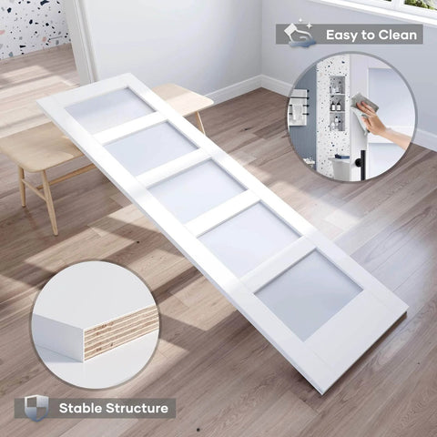 Double 24 By 84 Inch Glass Barn Door Slab with 8 Foot Hardware Kit Included, five frosted glass panels, PVC surface in room.