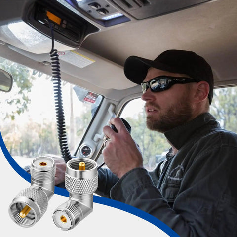 Man using CB radio with Right Angle UHF PL259 To Female Coax Adapters, 2 Pack, 90 Degree L Shape Connector in car