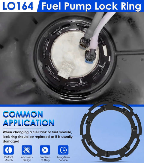 Installed Direct Replacement Fuel Pump Lock Ring For Buick Cadillac Chevrolet Dodge Ford GMC Hummer Isuzu Jeep Lincoln Mazda Pontiac Ram Saab Saturn Suzuki Volkswagen GM Fits OEM Specs, No Fuss Install, Universal Lock Ring Clip