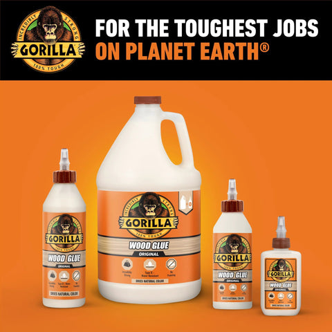 Gorilla wood glue bottles displayed in various sizes, highlighting water-resistant bond for indoor/outdoor woodworking projects.