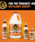Gorilla Wood Glue bottles in various sizes for indoor and outdoor use, showcasing product range and branding on orange background.